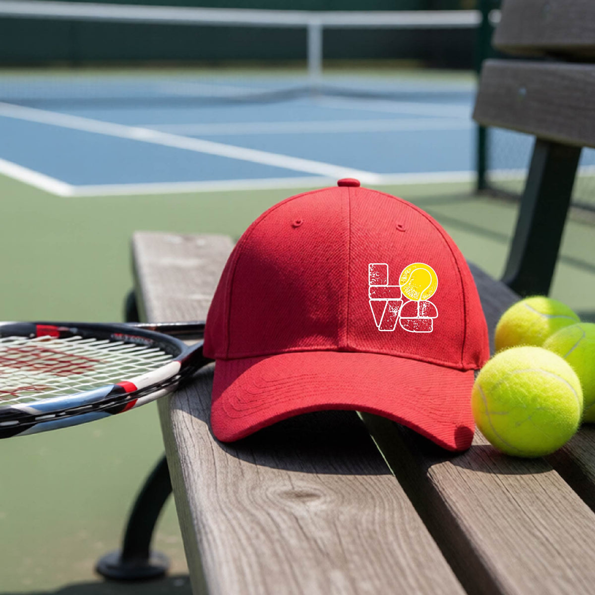 A red hat with a white and yellow tennis-themed graphic "LOVE" with a tennis ball replacing the O, sits on a wooden bench at a tennis court, with tennis balls and a racket in the background.