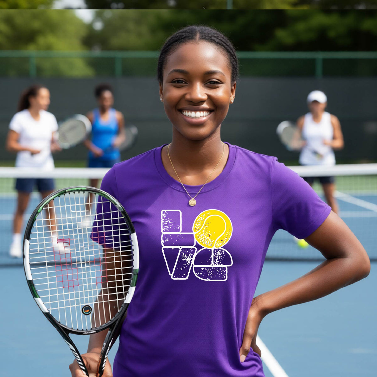A woman wearing a purple short-sleeve t-shirt with a white and yellow tennis-themed graphic "LOVE" with a tennis ball replacing the O, with a tennis  court and players in the background.