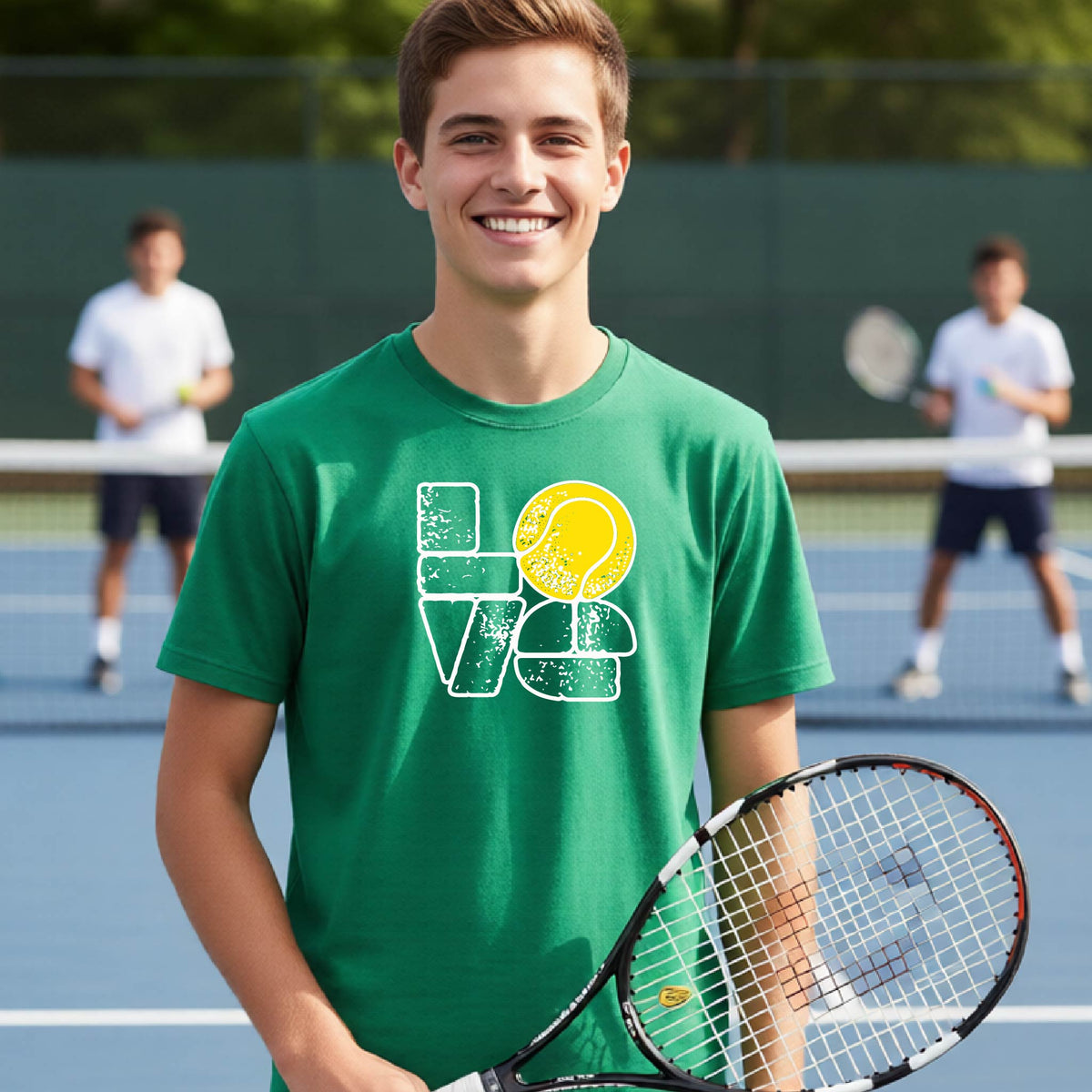 A smiling young man on a tennis court wearing a green t-shirt with a white and yellow graphic that reads 'LOVE' in a retro font. He is holding a tennis racket, with two other players blurred in the background on the court.