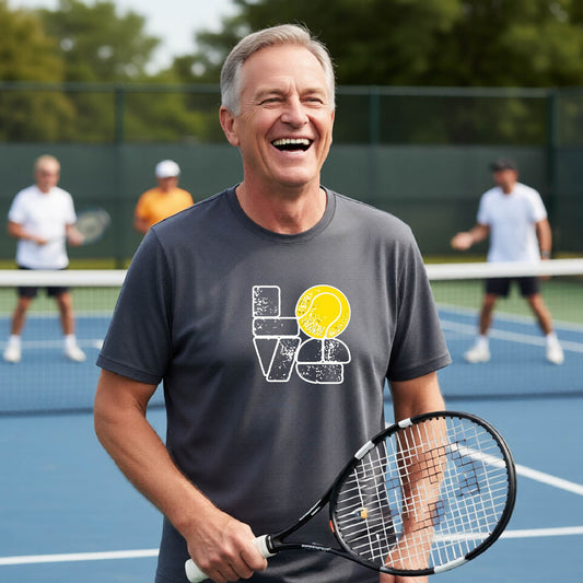 A man wearing a dark gray short-sleeve t-shirt with a white and yellow tennis-themed graphic "LOVE" with a tennis ball replacing the O, with a tennis  court and players in the background.