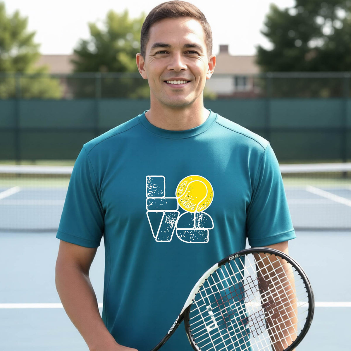 A man wearing a teal short-sleeve t-shirt with a white and yellow tennis-themed graphic "LOVE" with a tennis ball replacing the O, with a tennis  court and players in the background.