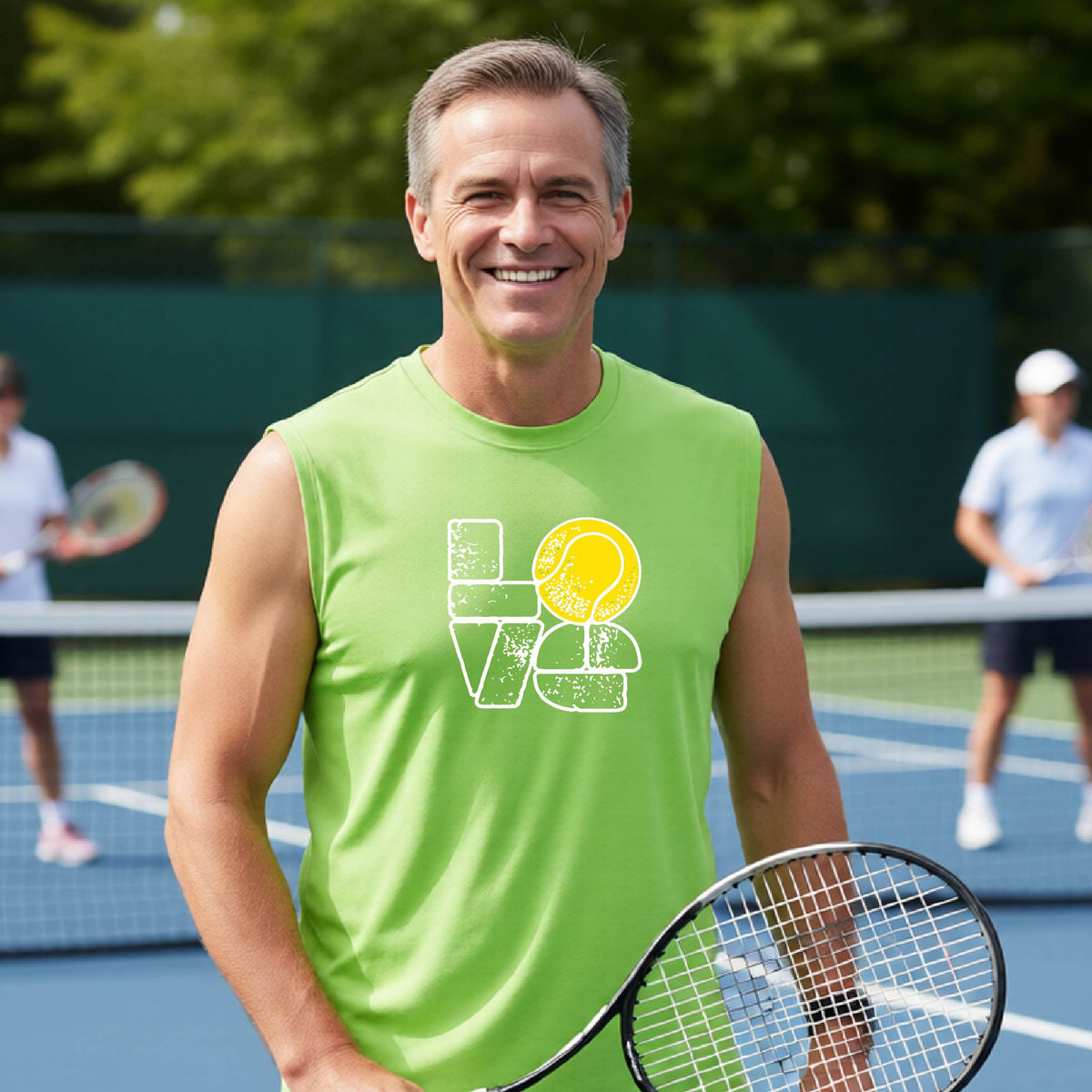 A man wearing a lime green sleeveless t-shirt with a white and yellow tennis-themed graphic "LOVE" with a tennis ball replacing the O, with a tennis  court and players in the background.