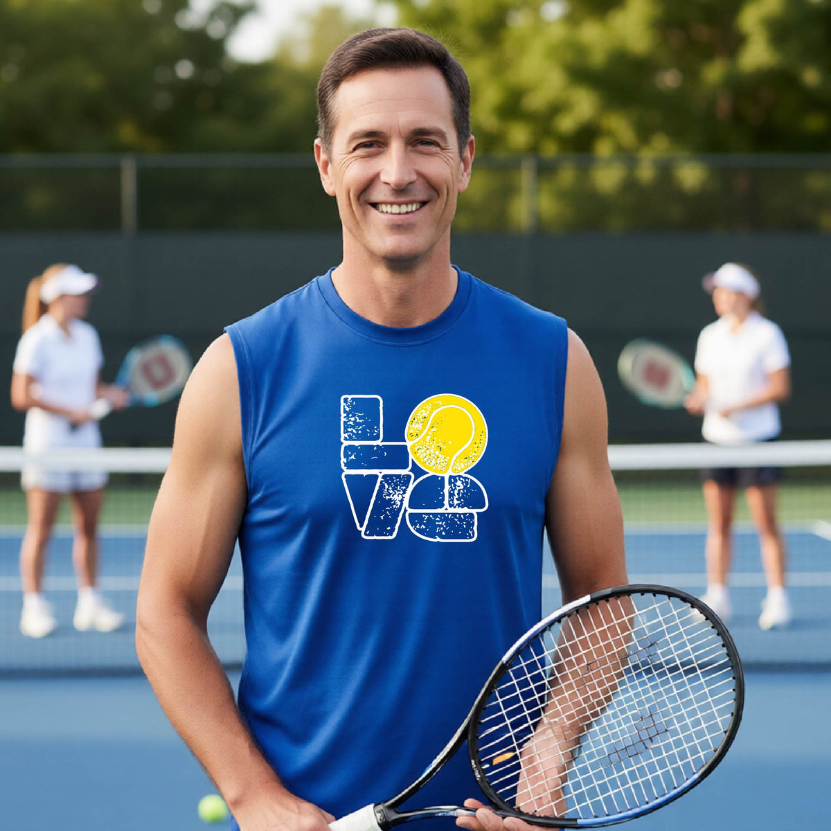 A man wearing a royal blue sleeveless t-shirt with a white and yellow tennis-themed graphic "LOVE" with a tennis ball replacing the O, with a tennis  court and players in the background.
