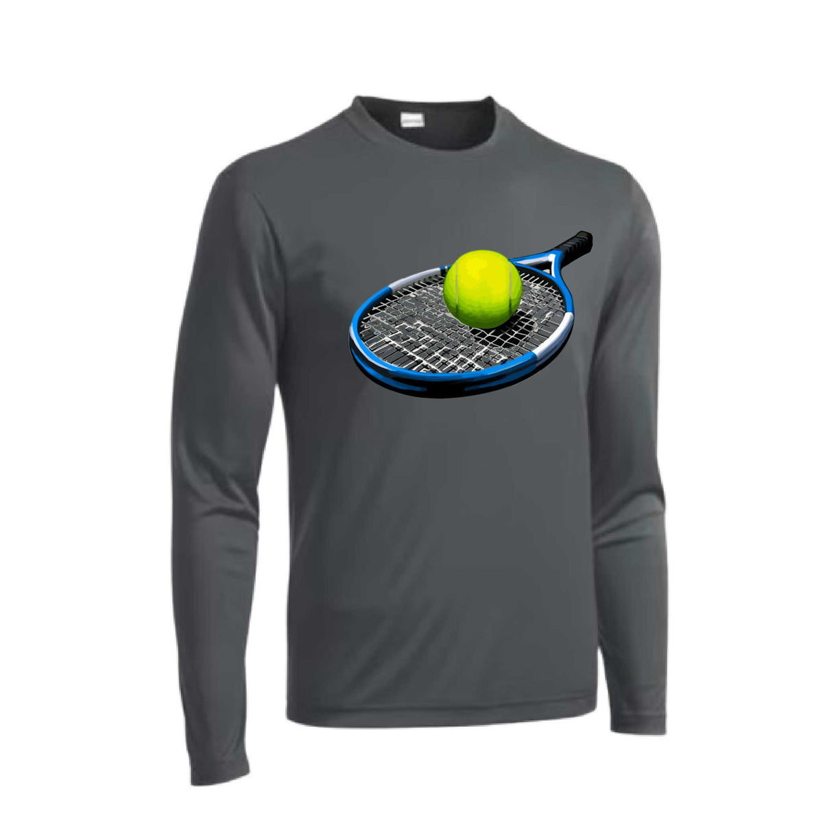 Tennis Racquet and Ball | Men's Long Sleeve Athletic Tennis Performance T-Shirt | 100% Polyester
