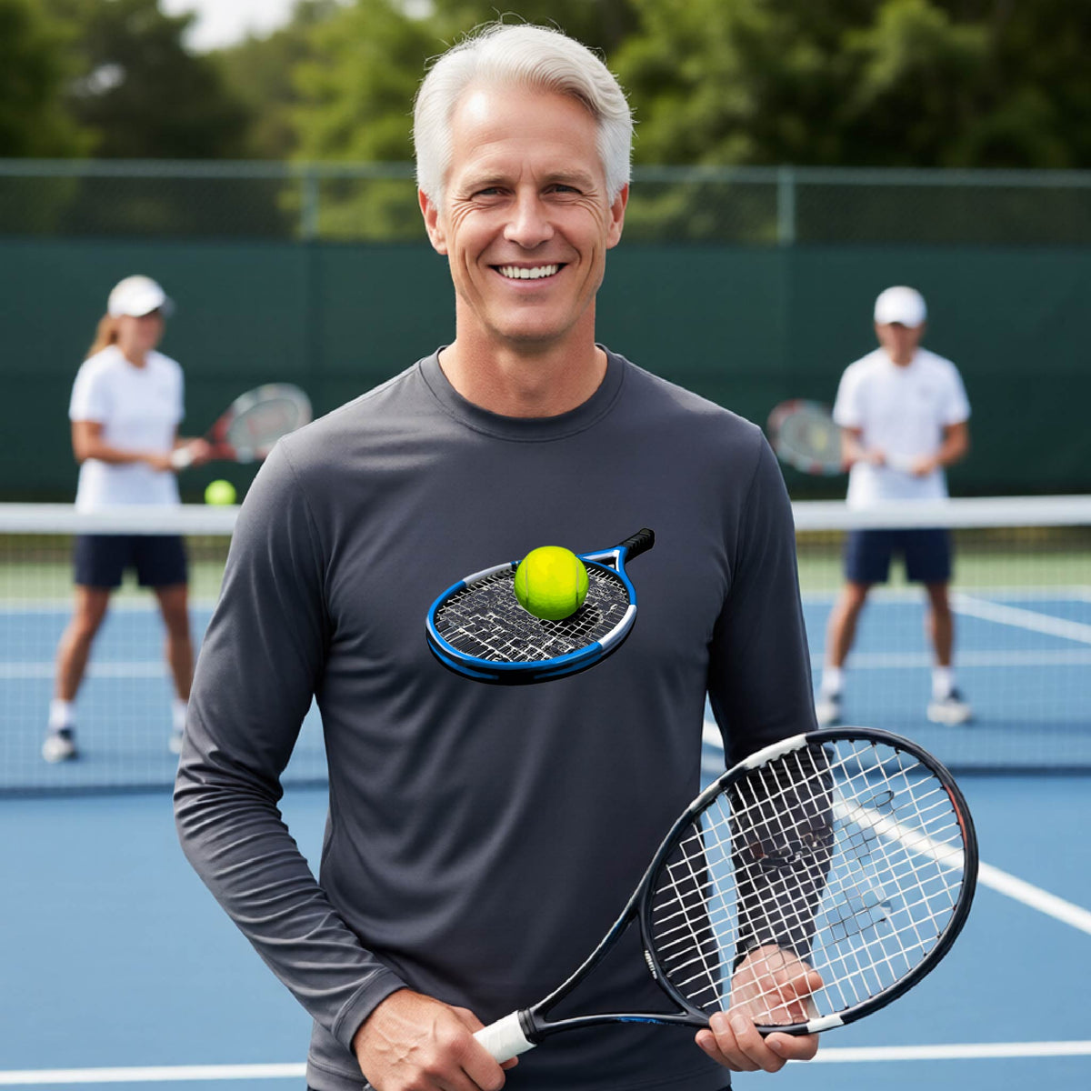 A smiling older man with white hair stands on a tennis court holding a racket, wearing a dark gray long-sleeve athletic shirt with a tennis ball and racket graphic on the chest. Two other players are blurred in the background.