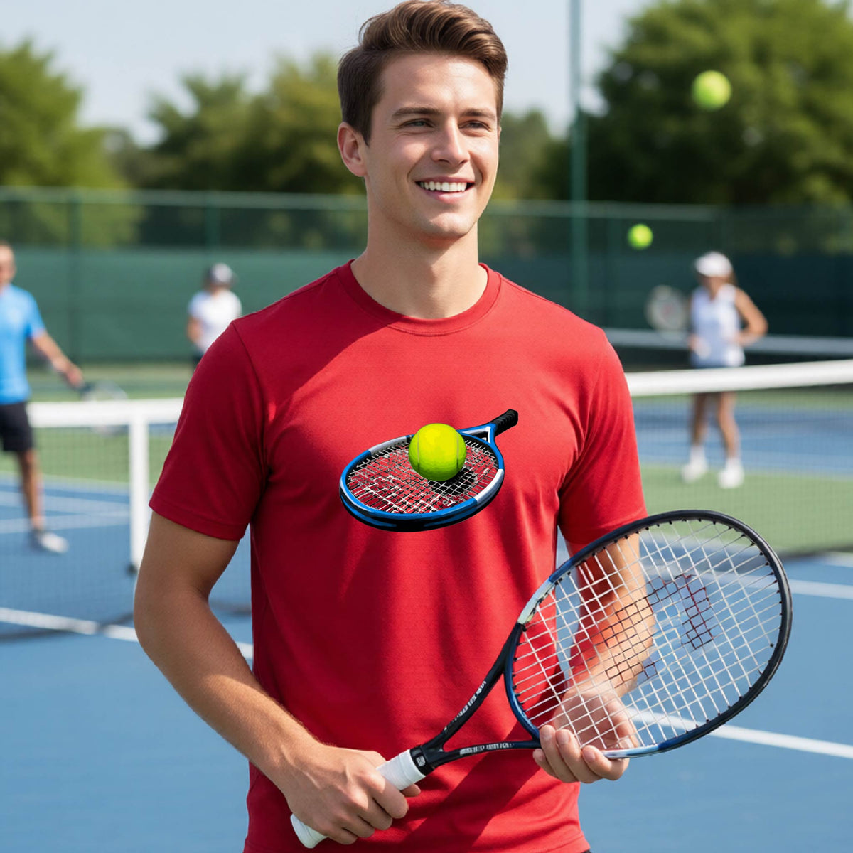 A smiling man on a tennis court wearing a red athletic t-shirt with a graphic of a tennis racket holding a yellow tennis ball. He is holding a tennis racket and looking directly at the camera, with other players and trees blurred in the background.