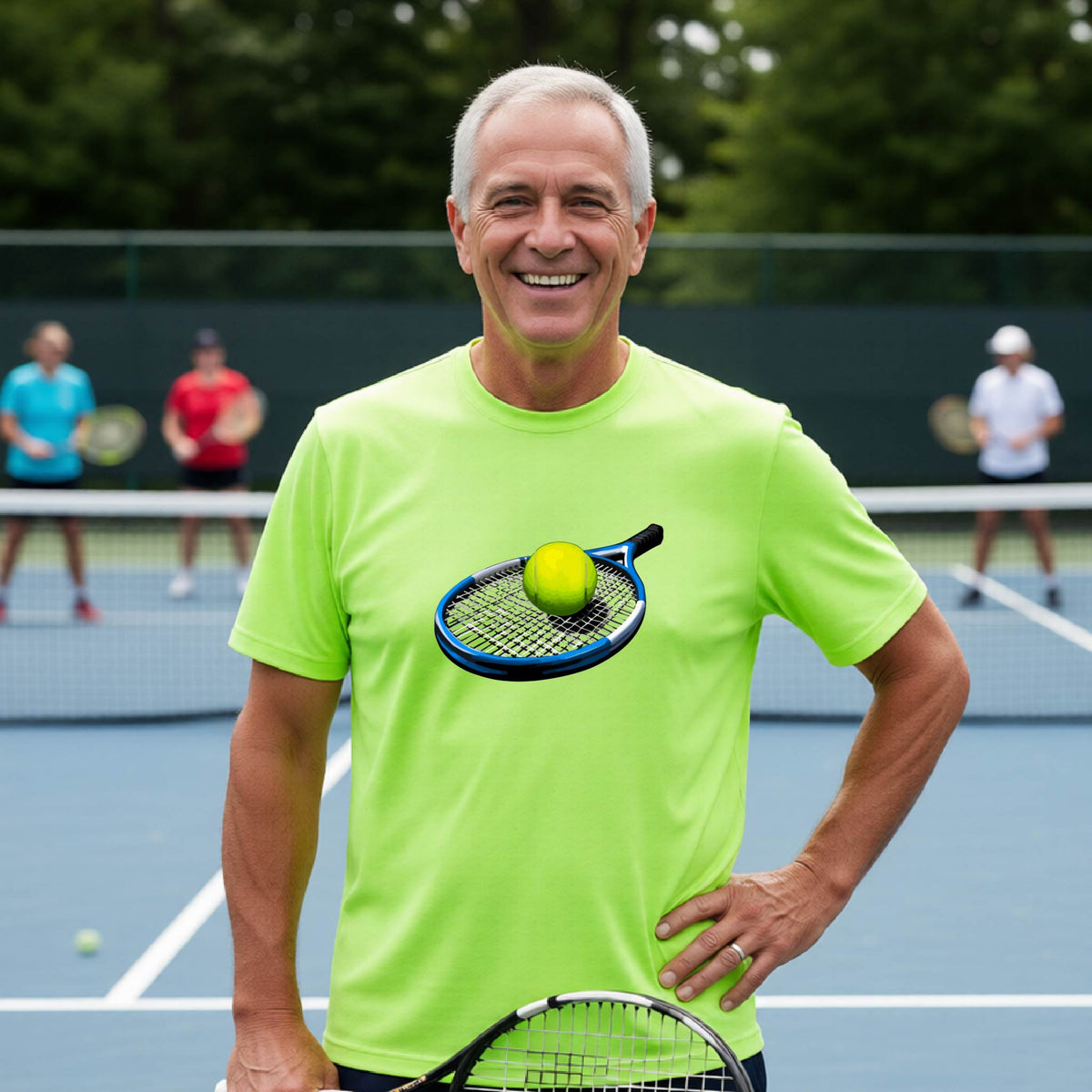 A smiling man on a tennis court wearing a bright neon yellow-green t-shirt with a graphic of a tennis ball on a racket. Other players are visible in the background on the court.