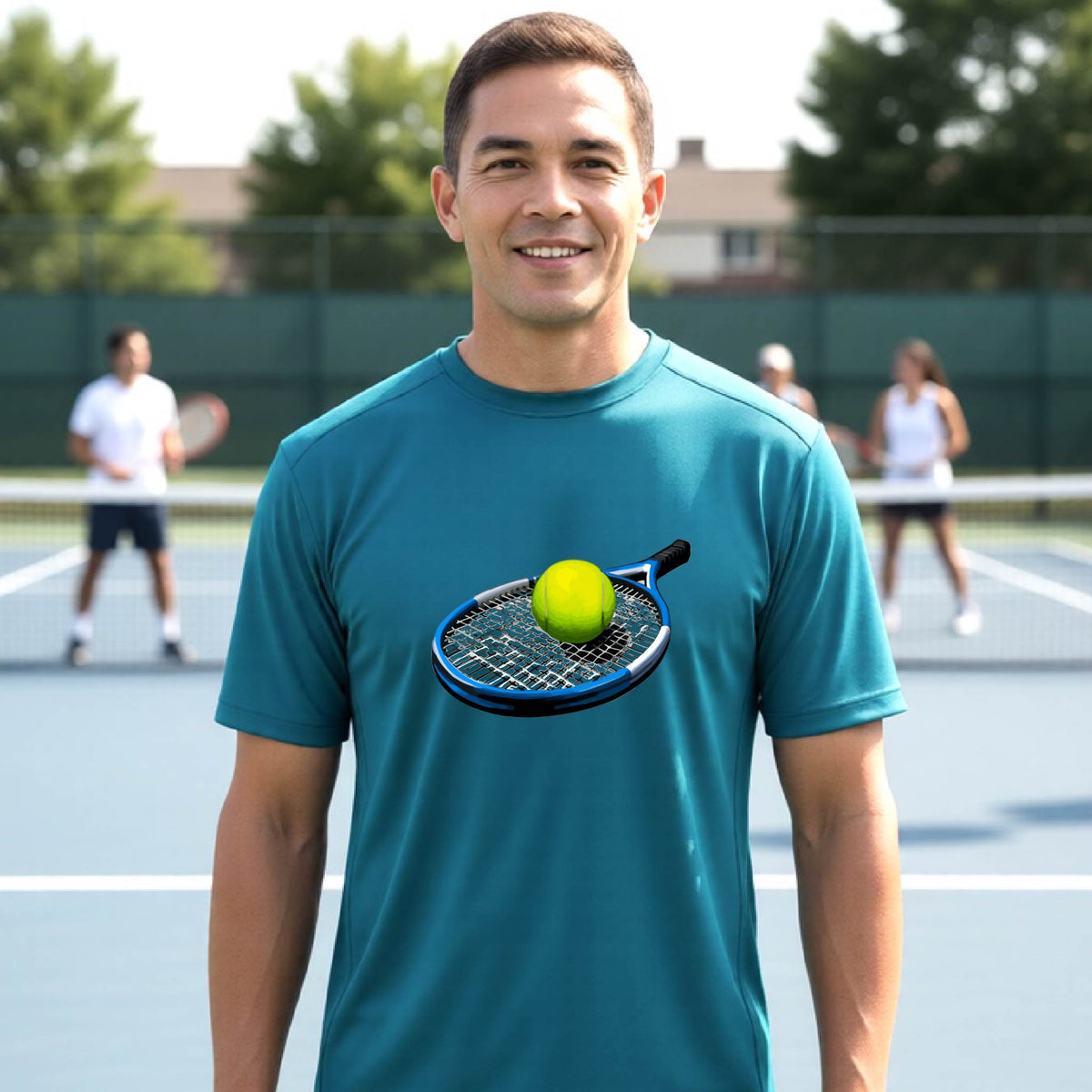 A man wearing a teal athletic t-shirt with a tennis racket and yellow tennis ball graphic on the chest, standing on an outdoor tennis court with players blurred in the background.