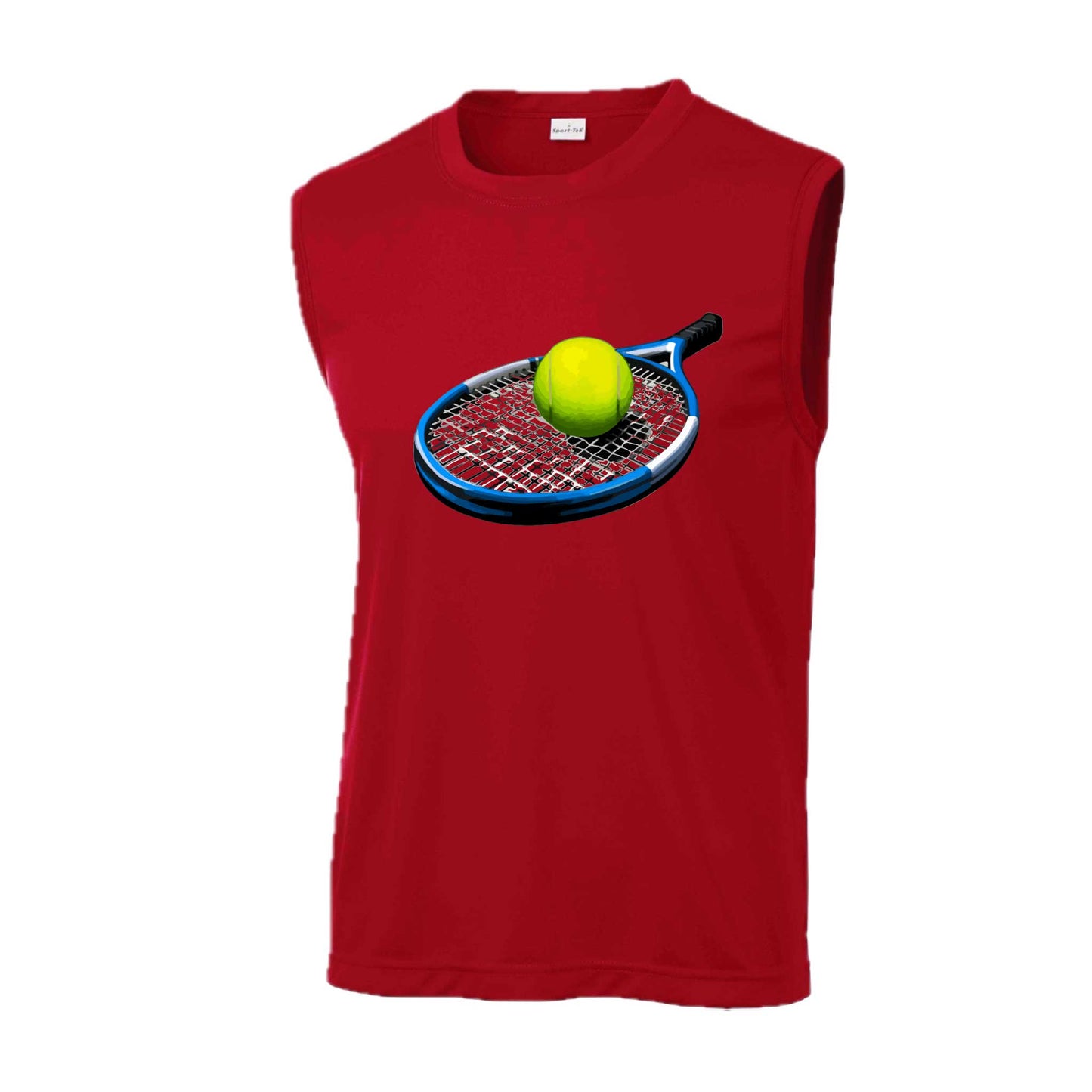 Tennis Racquet and Ball | Men's Sleeveless Athletic Tennis Performance T-Shirt | 100% Polyester