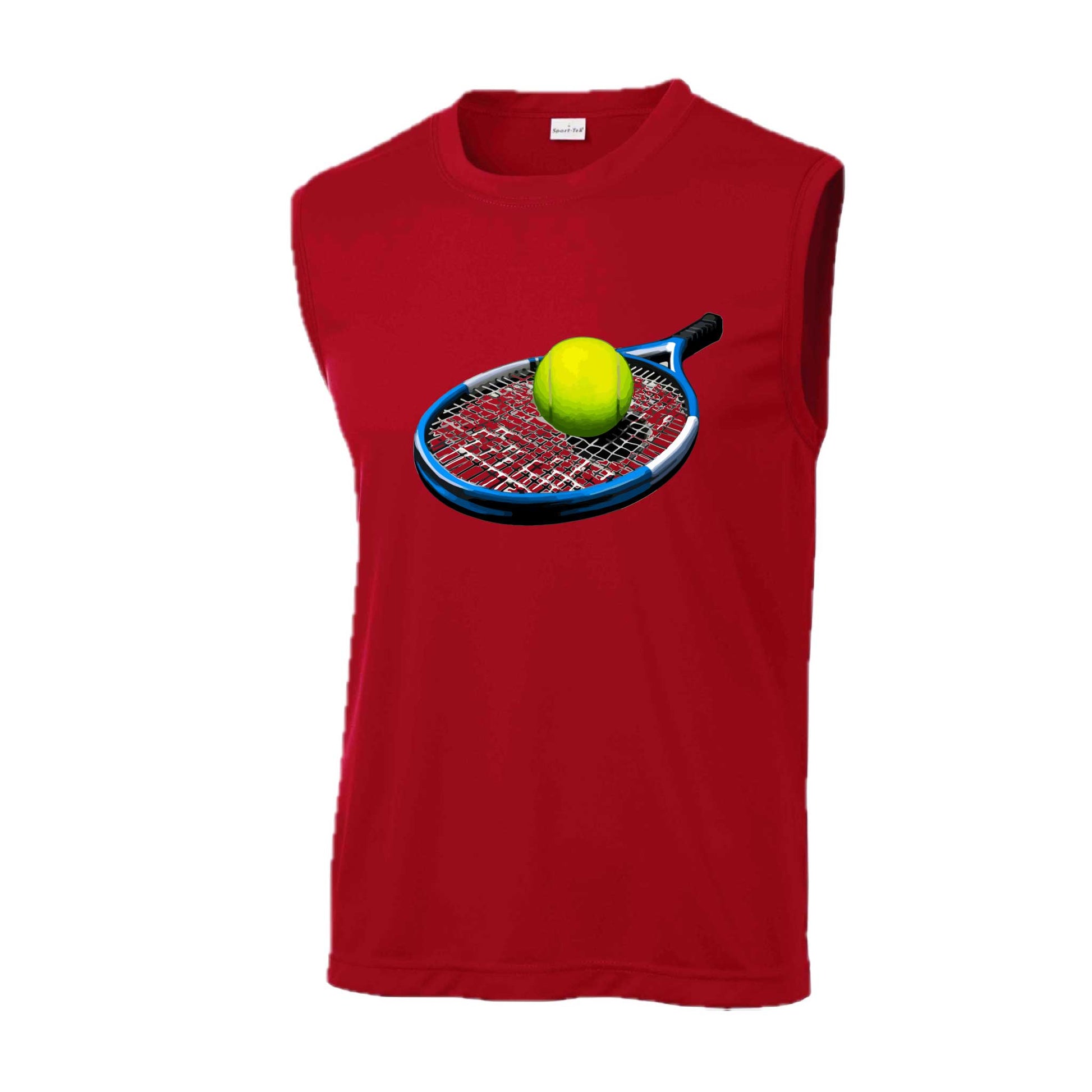 Tennis Racquet and Ball | Men's Sleeveless Athletic Tennis Performance T-Shirt | 100% Polyester