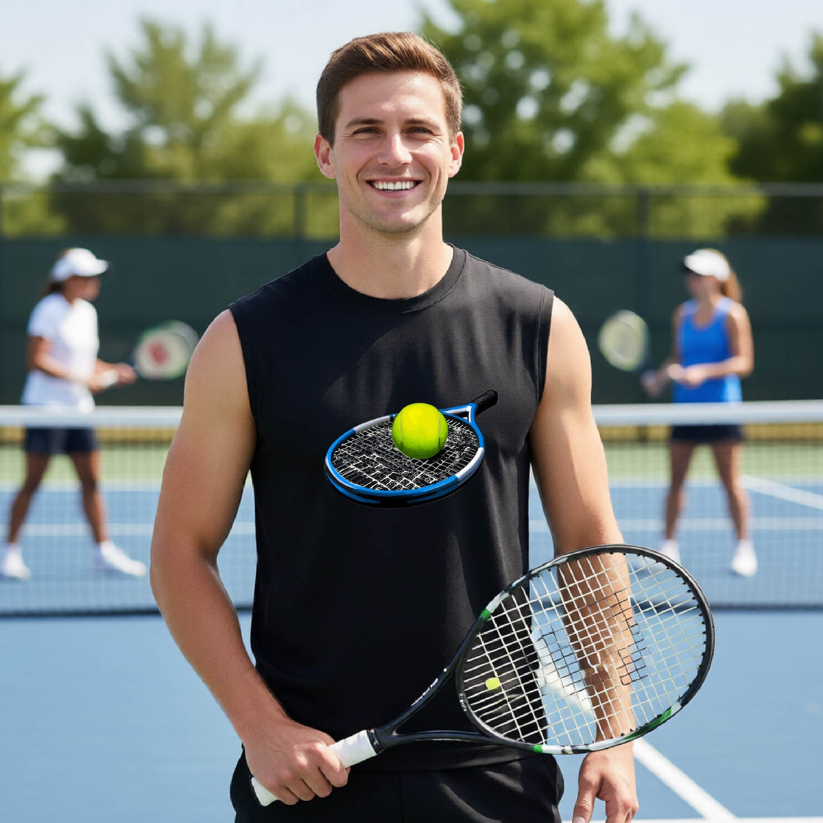 A smiling man on a tennis court wearing a black sleeveless shirt with a graphic of a tennis racket and tennis ball on the chest, holding a tennis racket. Two blurred tennis players are visible in the background on the court.