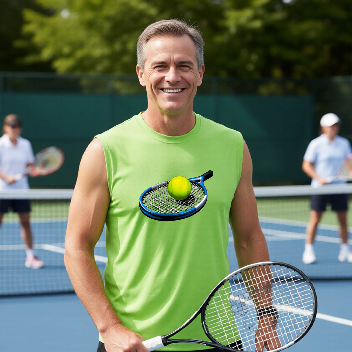 A smiling man on a tennis court wearing a bright lime green sleeveless shirt with a printed graphic of a tennis racket and tennis ball on the chest, holding a tennis racket.