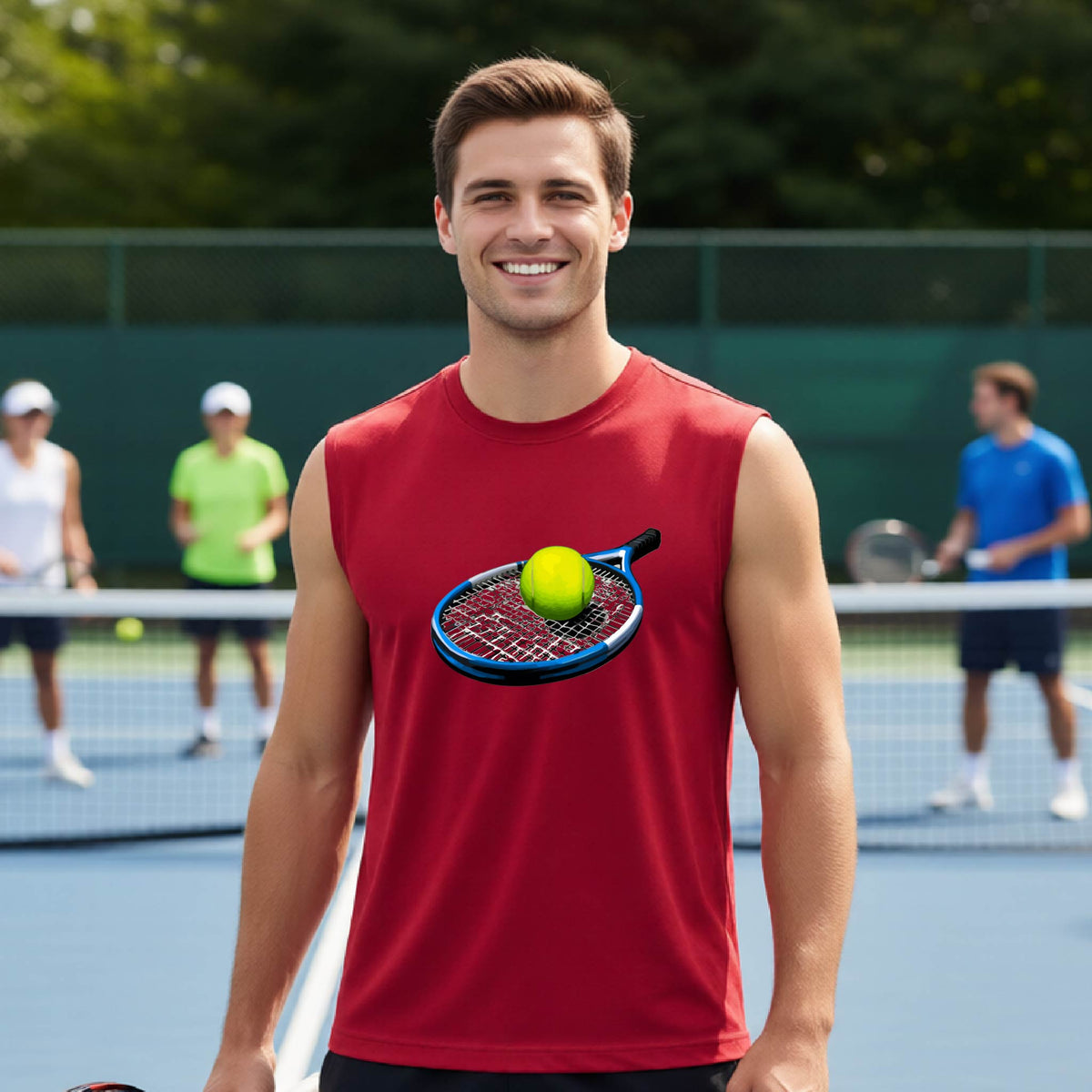 A smiling man on a tennis court wearing a red sleeveless shirt with a graphic of a tennis racket and yellow tennis ball on the chest, with other players blurred in the background.