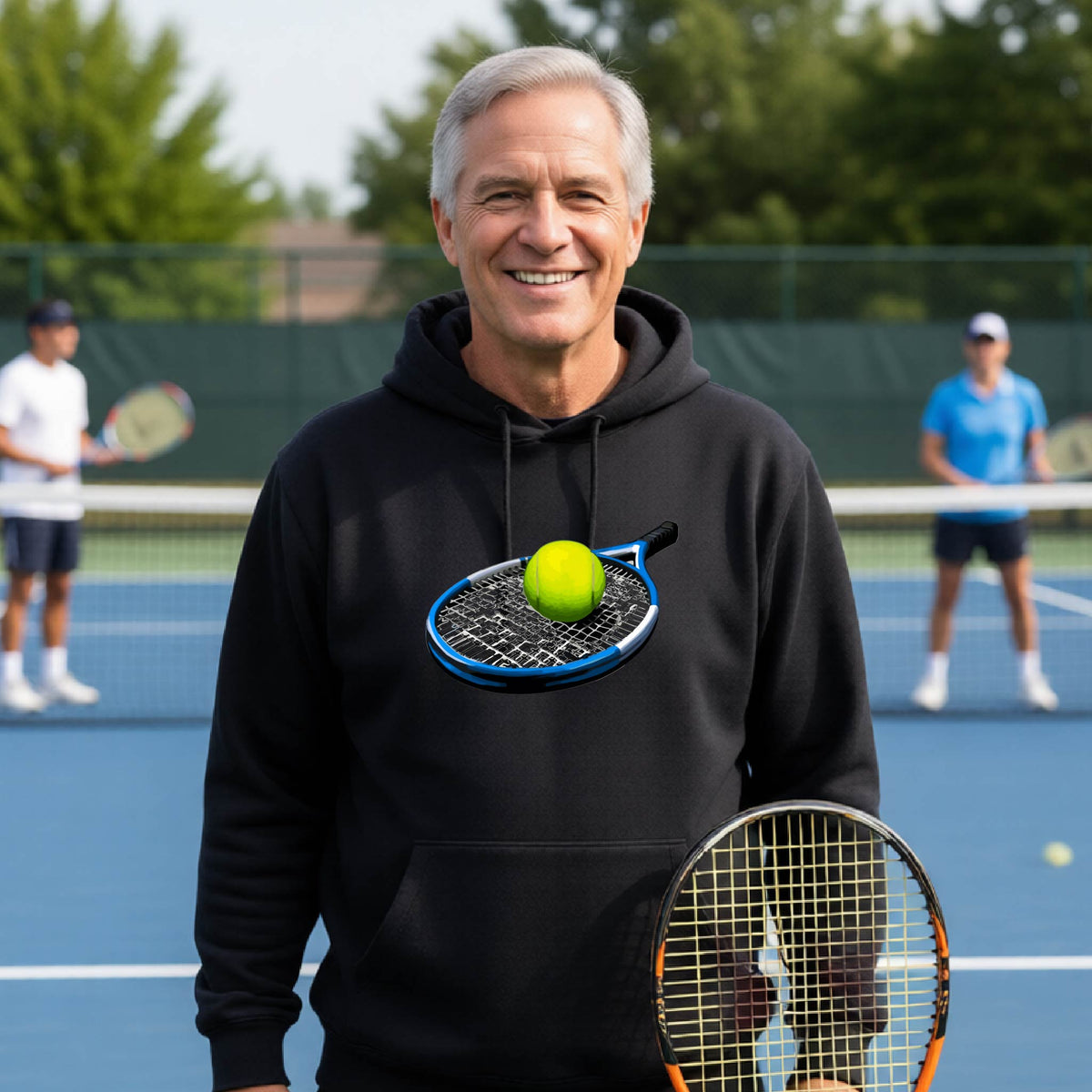 A smiling older man stands on a tennis court wearing a black hoodie with a graphic of a tennis racket and yellow tennis ball on the chest, holding a tennis racket. Two other players are blurred in the background.