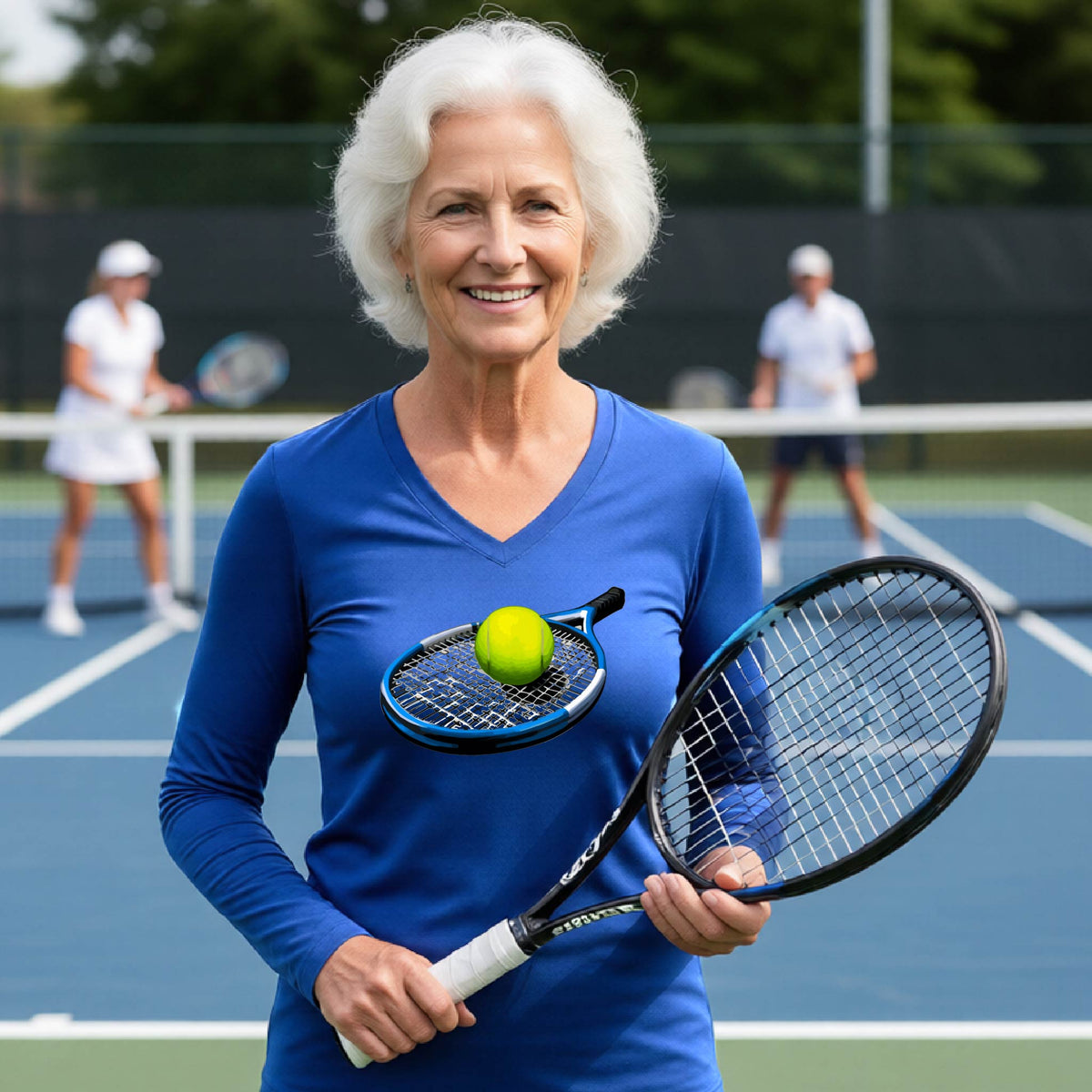 A smiling older woman with white hair stands on a tennis court holding a tennis racket and a yellow tennis ball, wearing a bright blue long-sleeve V-neck athletic shirt. Two other players are blurred in the background on the court.