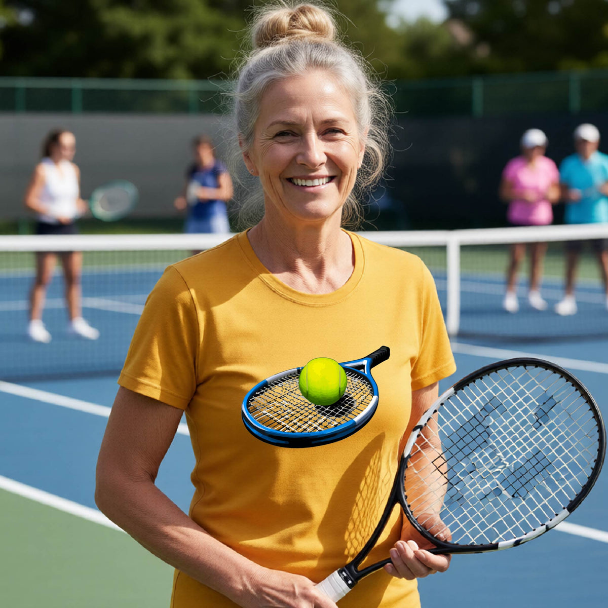 A smiling older woman on a tennis court wearing a yellow t-shirt with a graphic of a tennis racket and tennis ball, holding a tennis racket.