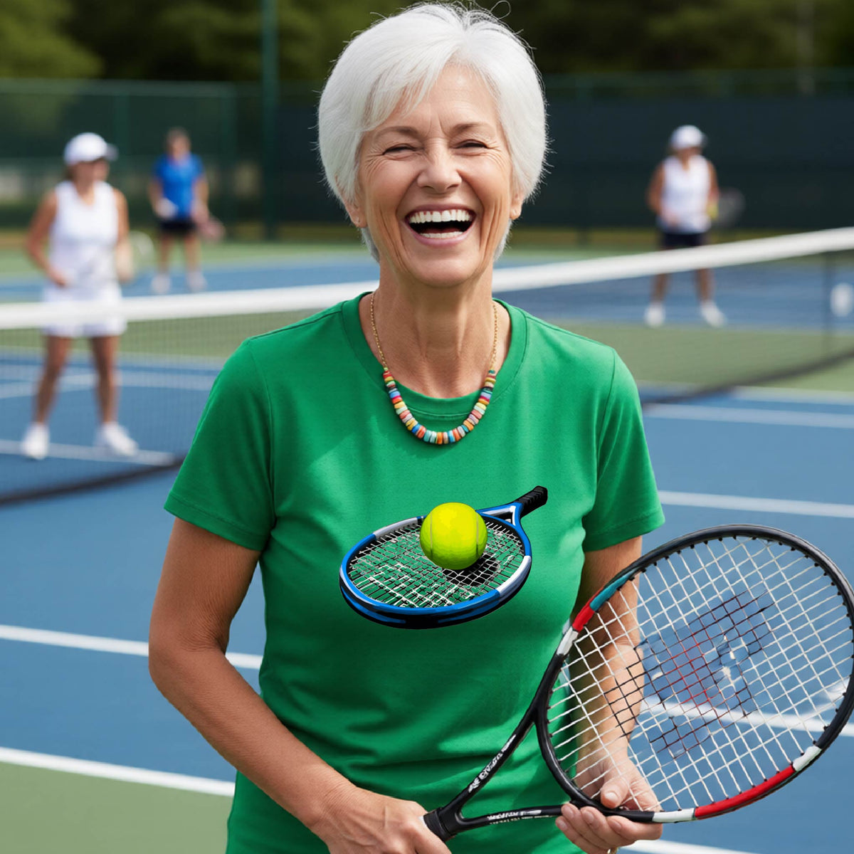 A smiling older woman on a blue tennis court wearing a bright green t-shirt with a tennis racket and yellow tennis ball graphic on the front, holding a tennis racket.