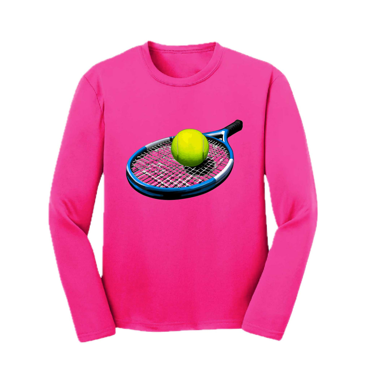 Tennis Racquet and Ball | Youth Long Sleeve Tennis Performance T-Shirts | 100% Polyester