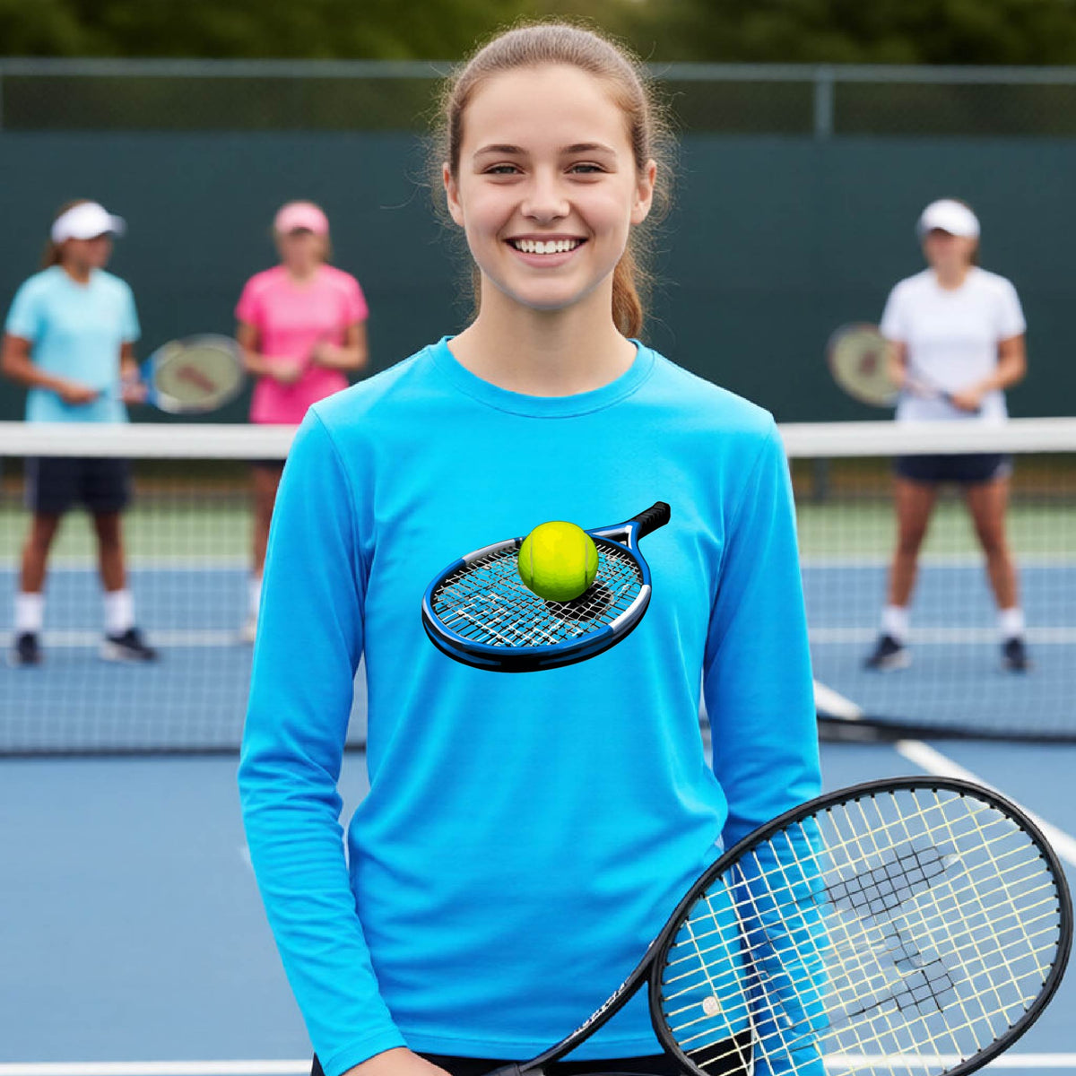 A smiling young woman stands on a tennis court wearing a bright blue long-sleeve shirt with a graphic of a tennis racket and yellow tennis ball on the front. She holds a tennis racket, with other players blurred in the background.
