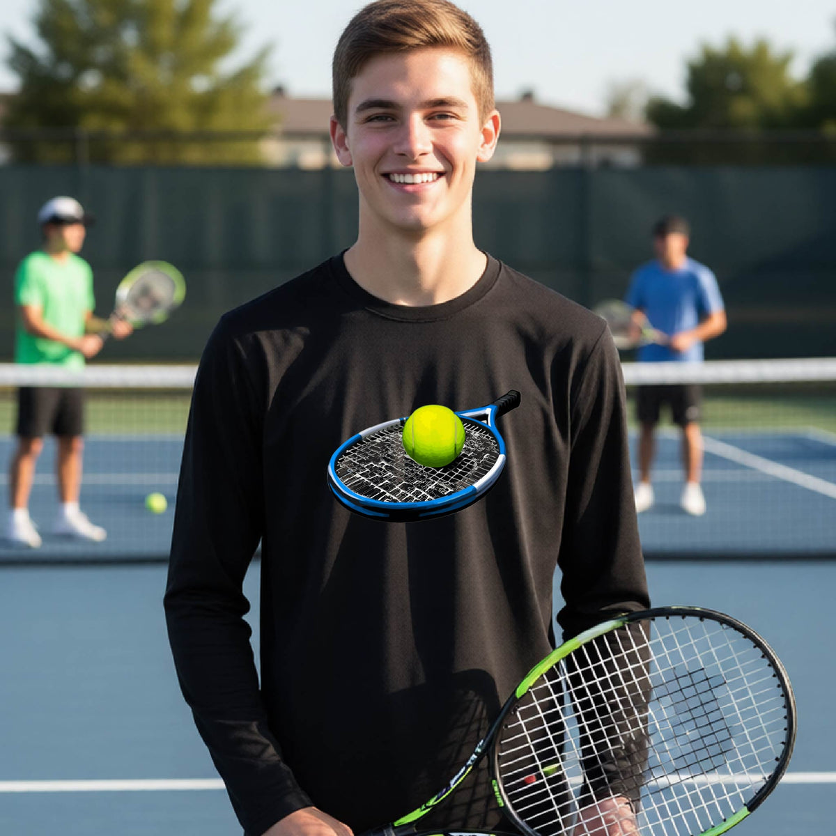 A smiling young man stands on a tennis court wearing a black long-sleeve shirt with a graphic of a tennis racket and yellow tennis ball on the front. She holds a tennis racket, with other players blurred in the background.