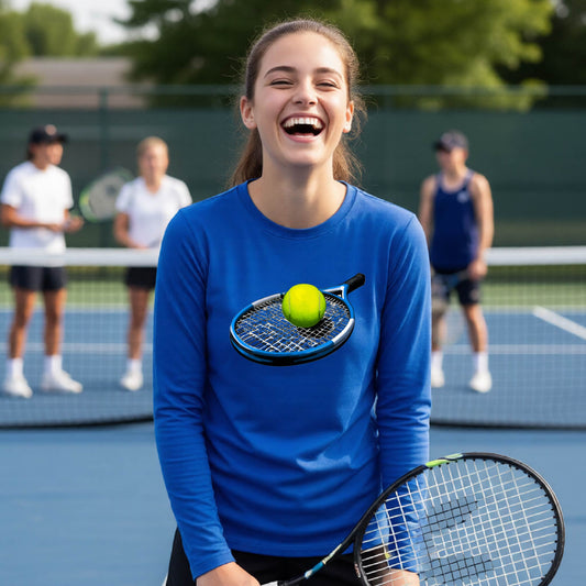 A young woman laughing on an outdoor tennis court, wearing a bright blue long-sleeve shirt with a graphic of a tennis racket and yellow tennis ball on the chest, holding a tennis racket.