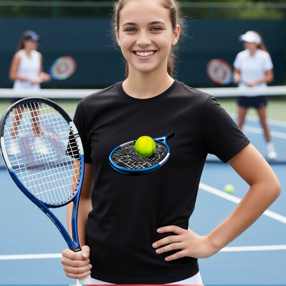 A smiling young woman on a tennis court wearing a black t-shirt with a graphic of a tennis racket and tennis ball, holding a tennis racket.