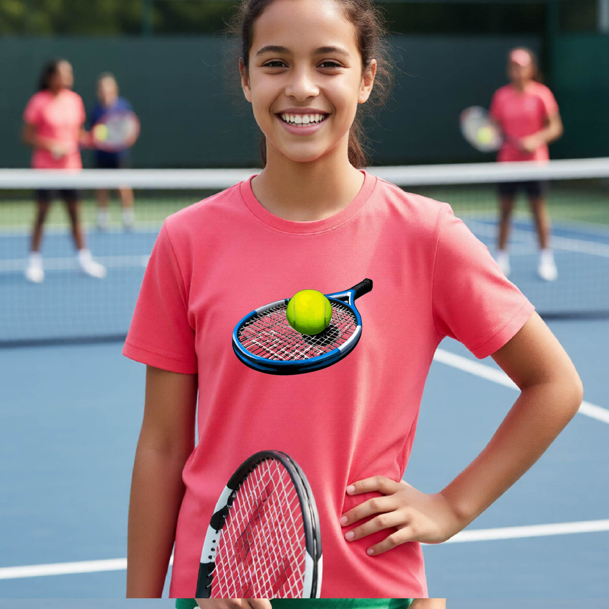 A smiling young tennis player stands on a blue court wearing a coral pink t-shirt with a graphic of a tennis racket and tennis ball on the chest. Two other players are blurred in the background behind the net.