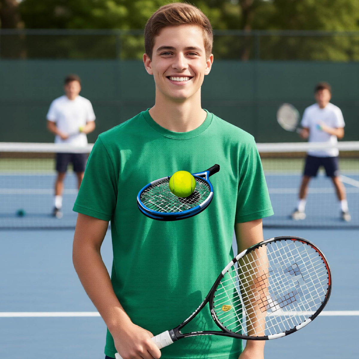 A smiling young man on a tennis court wearing a green t-shirt with a graphic of a tennis ball on a racket, holding a tennis racket. Two other players are blurred in the background on the court.