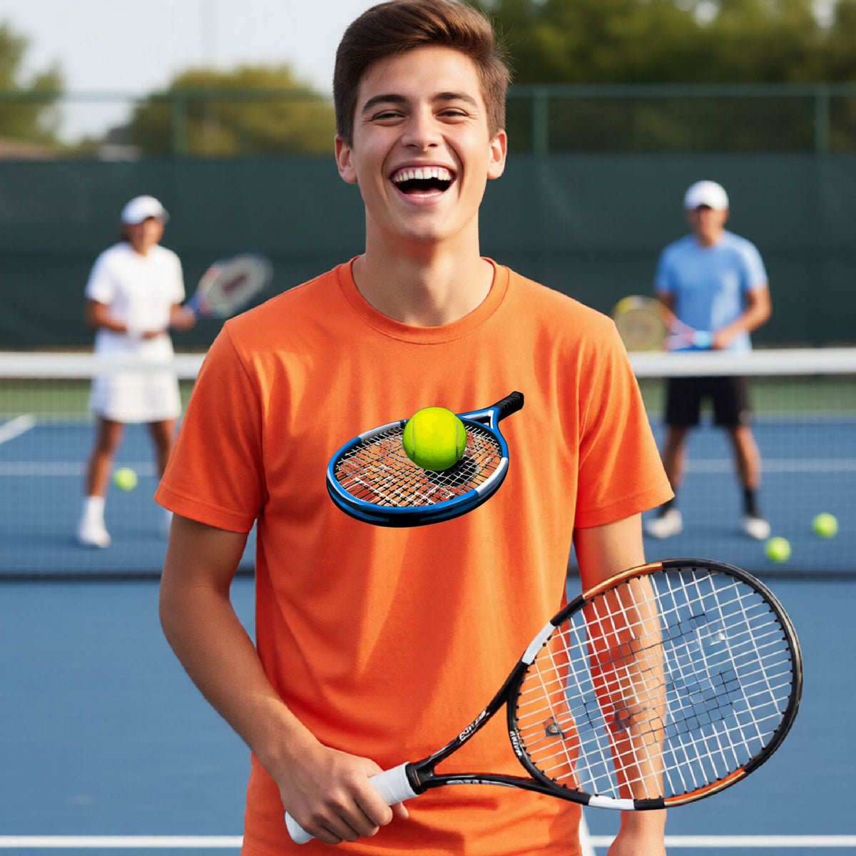 A young man laughing on a tennis court, wearing an orange t-shirt with a graphic of a tennis racket and tennis ball on the chest, and holding a tennis racket.