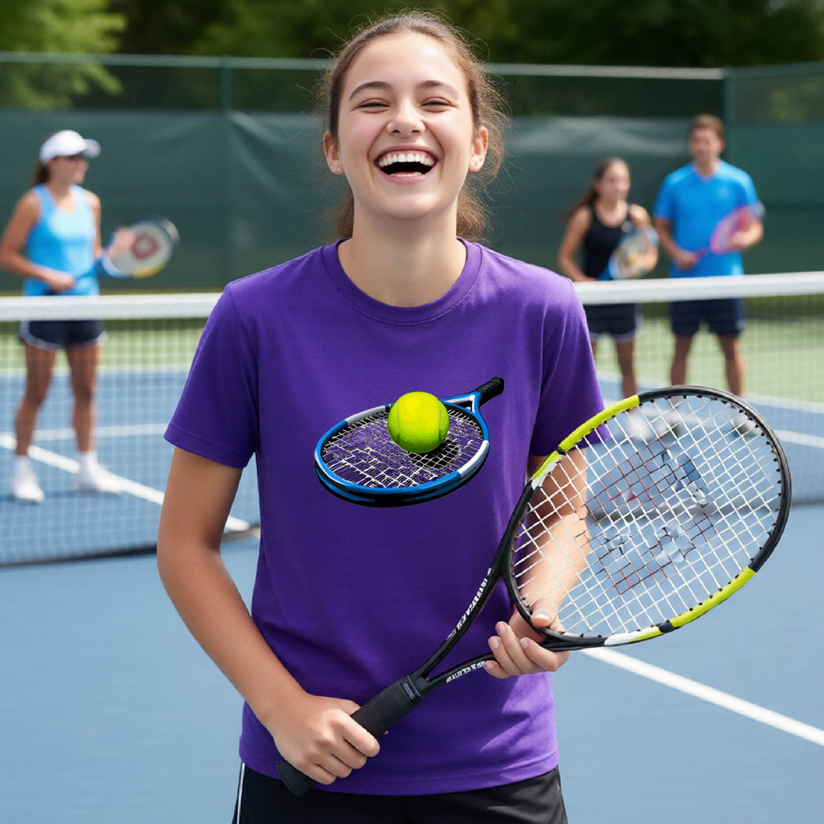 A woman laughing on a tennis court wearing a purple t-shirt with a graphic of a tennis racket and tennis ball, holding a tennis racket.