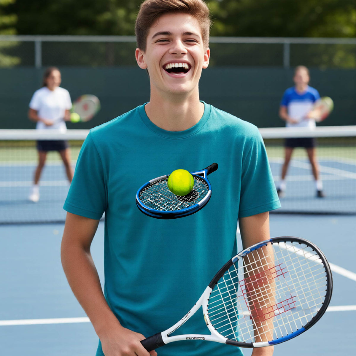 A man on a tennis court wearing a teal t-shirt with a graphic of a tennis racket and yellow tennis ball, holding a tennis racket. Two other players are blurred in the background on the court.