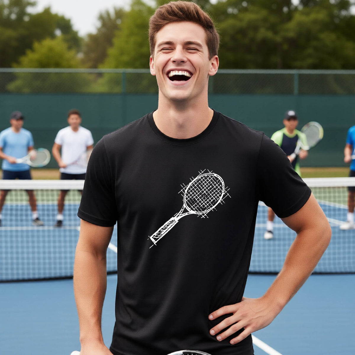 A man on a blue tennis court holds a tennis racket and wears a black short-sleeve T-shirt with a white retro tennis racquet graphic.  