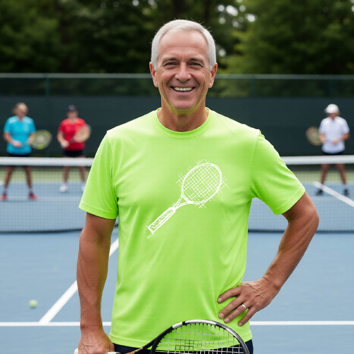 A man on a blue tennis court holds a tennis racket and wears a lime green short-sleeve T-shirt with a white retro tennis racquet graphic.  