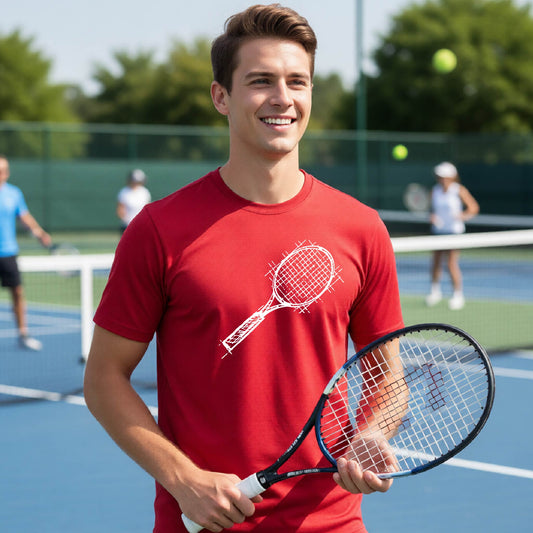 A man on a blue tennis court holds a tennis racket and wears a red short-sleeve T-shirt with a white retro tennis racquet graphic.  