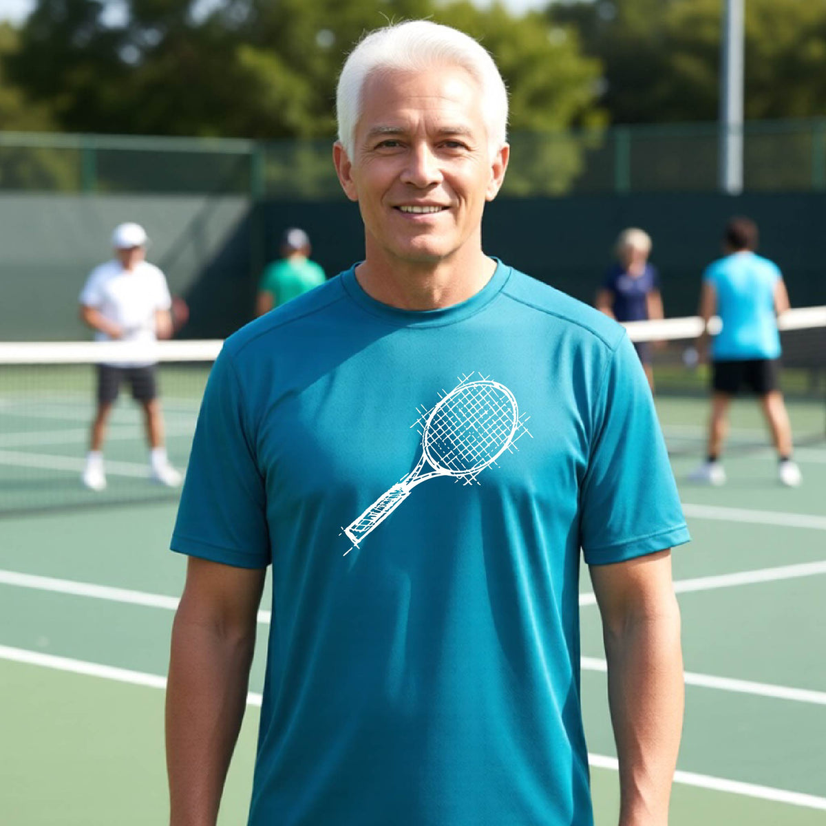 A man on a blue tennis court holds a tennis racket and wears a teal short-sleeve T-shirt with a white retro tennis racquet graphic.  