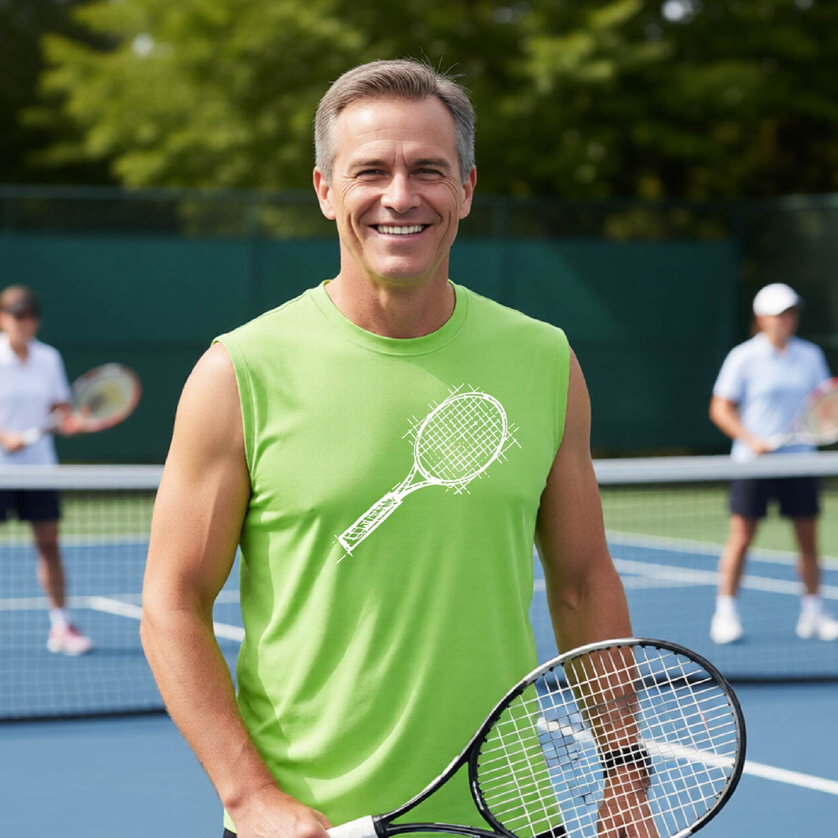 A smiling young man on a blue tennis court holds a tennis racket and wears a lime green T-shirt with a white retro tennis racquet graphic
