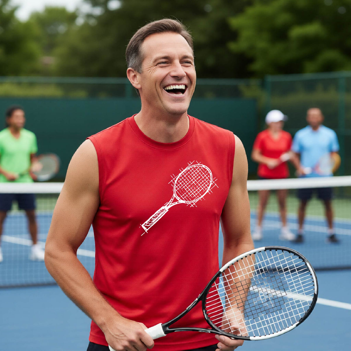 A smiling young man on a blue tennis court holds a tennis racket and wears a red T-shirt with a white retro tennis racquet graphic