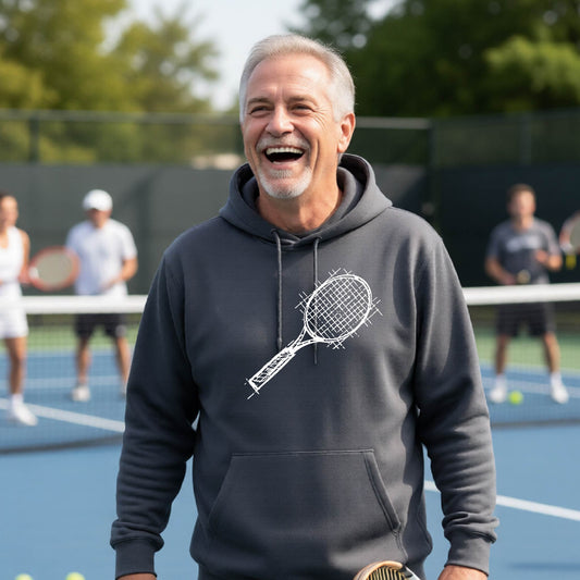 A man wearing a gray hoodie with a white tennis racket retro graphic on the chest, standing on a blue tennis court with players blurred in the background.