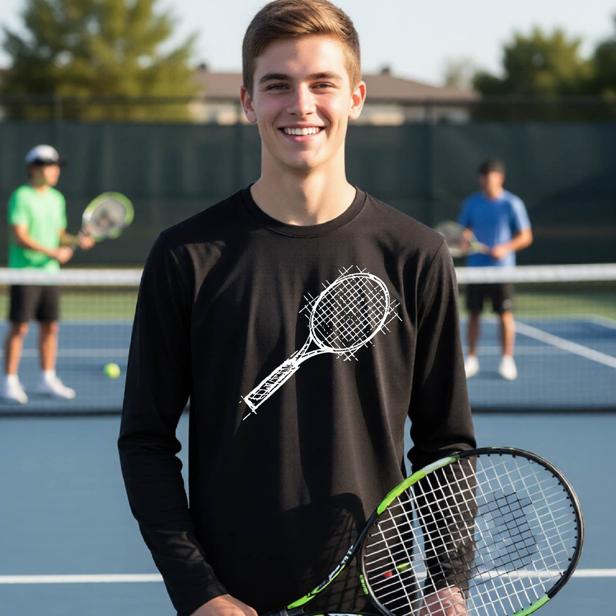 A young person on a blue tennis court holds a tennis racket and wears a black long-sleeve T-shirt with a white retro tennis racquet graphic.  