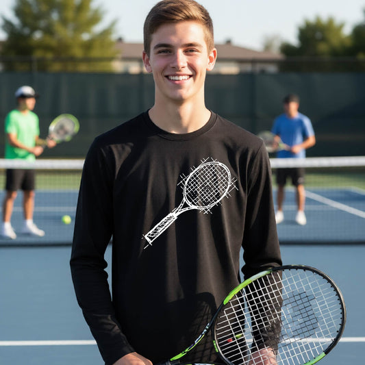 A young person on a blue tennis court holds a tennis racket and wears a black long-sleeve T-shirt with a white retro tennis racquet graphic.  