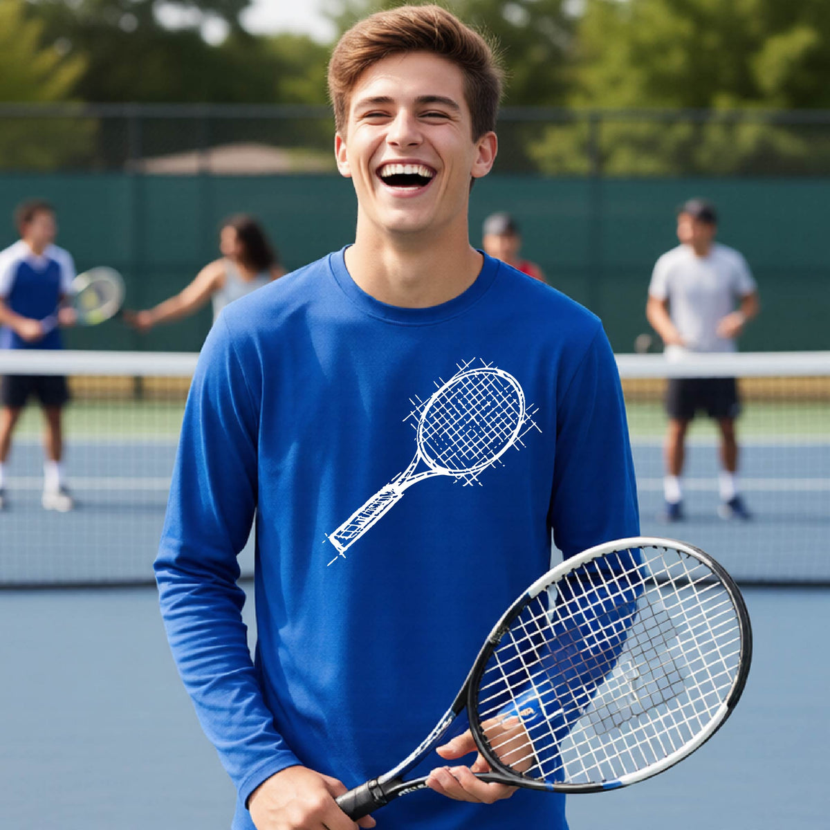 A young person on a blue tennis court holds a tennis racket and wears a royal blue long-sleeve T-shirt with a white retro tennis racquet graphic.  