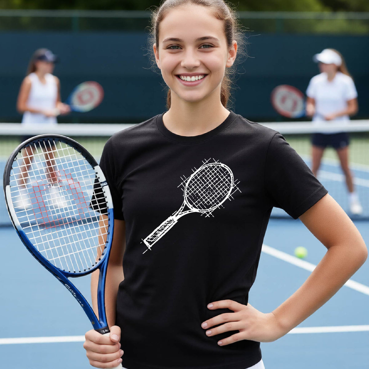A young person on a blue tennis court holds a tennis racket and wears a black short-sleeve T-shirt with a white retro tennis racquet graphic.  
