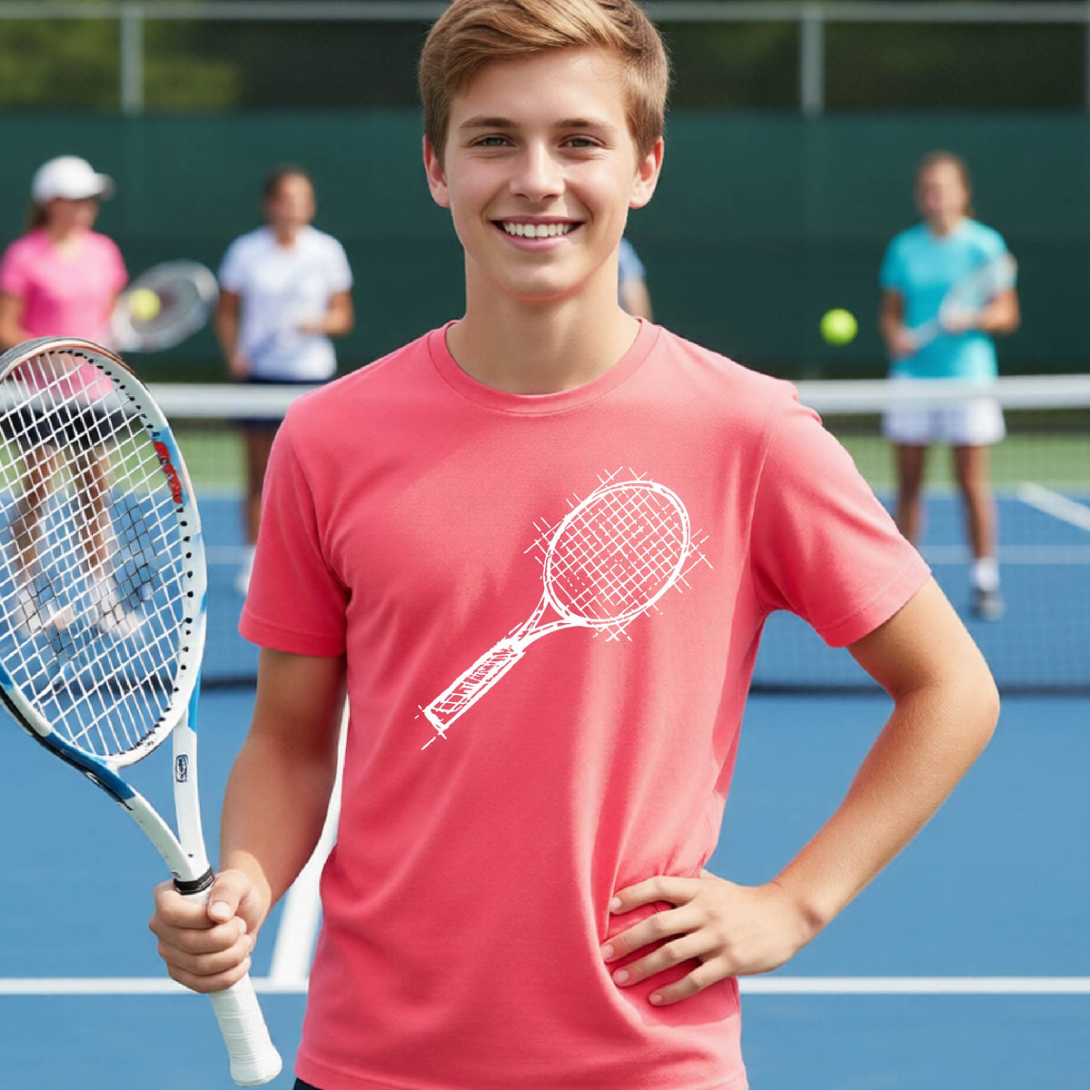 A young person on a blue tennis court holds a tennis racket and wears a coral short-sleeve T-shirt with a white retro tennis racquet graphic.  