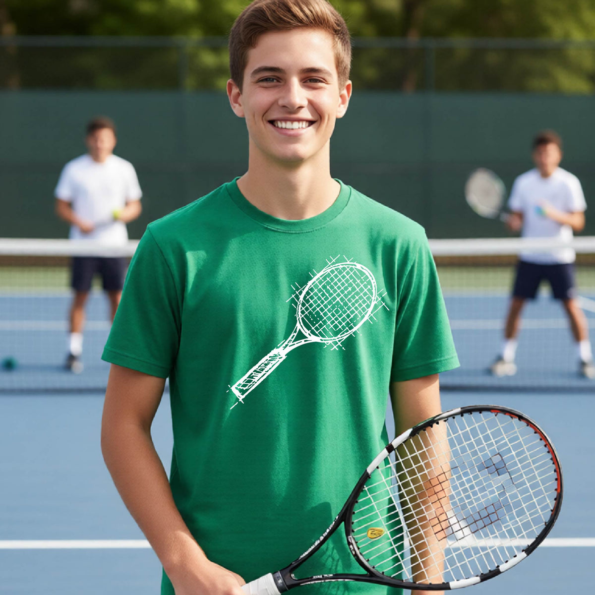 A young person on a blue tennis court holds a tennis racket and wears a green short-sleeve T-shirt with a white retro tennis racquet graphic.  