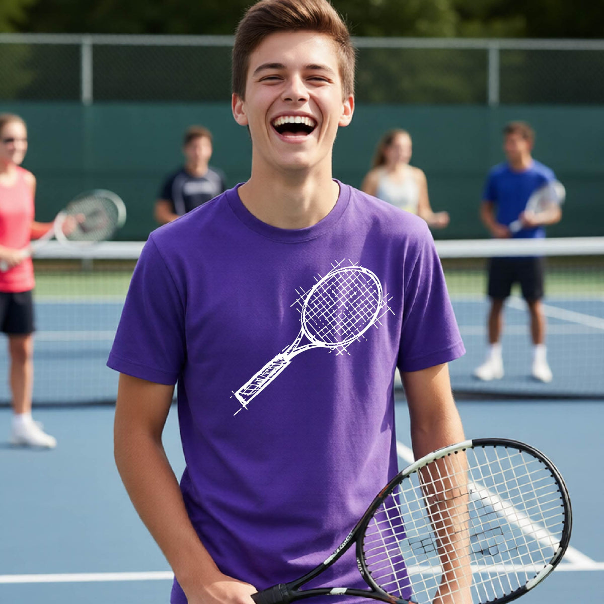 A young person on a blue tennis court holds a tennis racket and wears a purple short-sleeve T-shirt with a white retro tennis racquet graphic.  