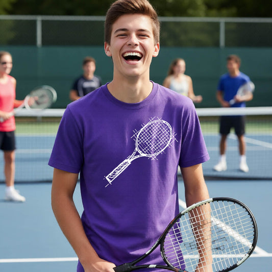 A young person on a blue tennis court holds a tennis racket and wears a purple short-sleeve T-shirt with a white retro tennis racquet graphic.  