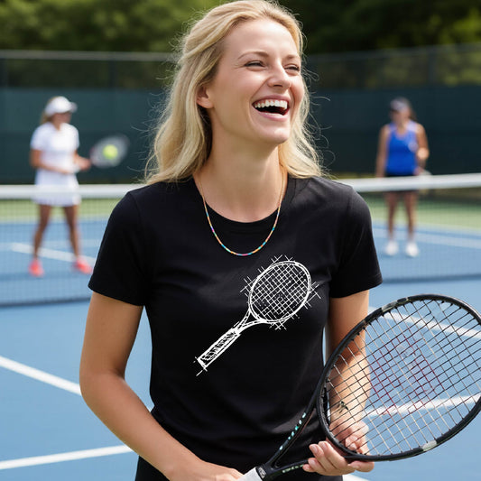 A woman on a blue tennis court holds a tennis racket and wears a black short-sleeve T-shirt with a white retro tennis racquet graphic.  