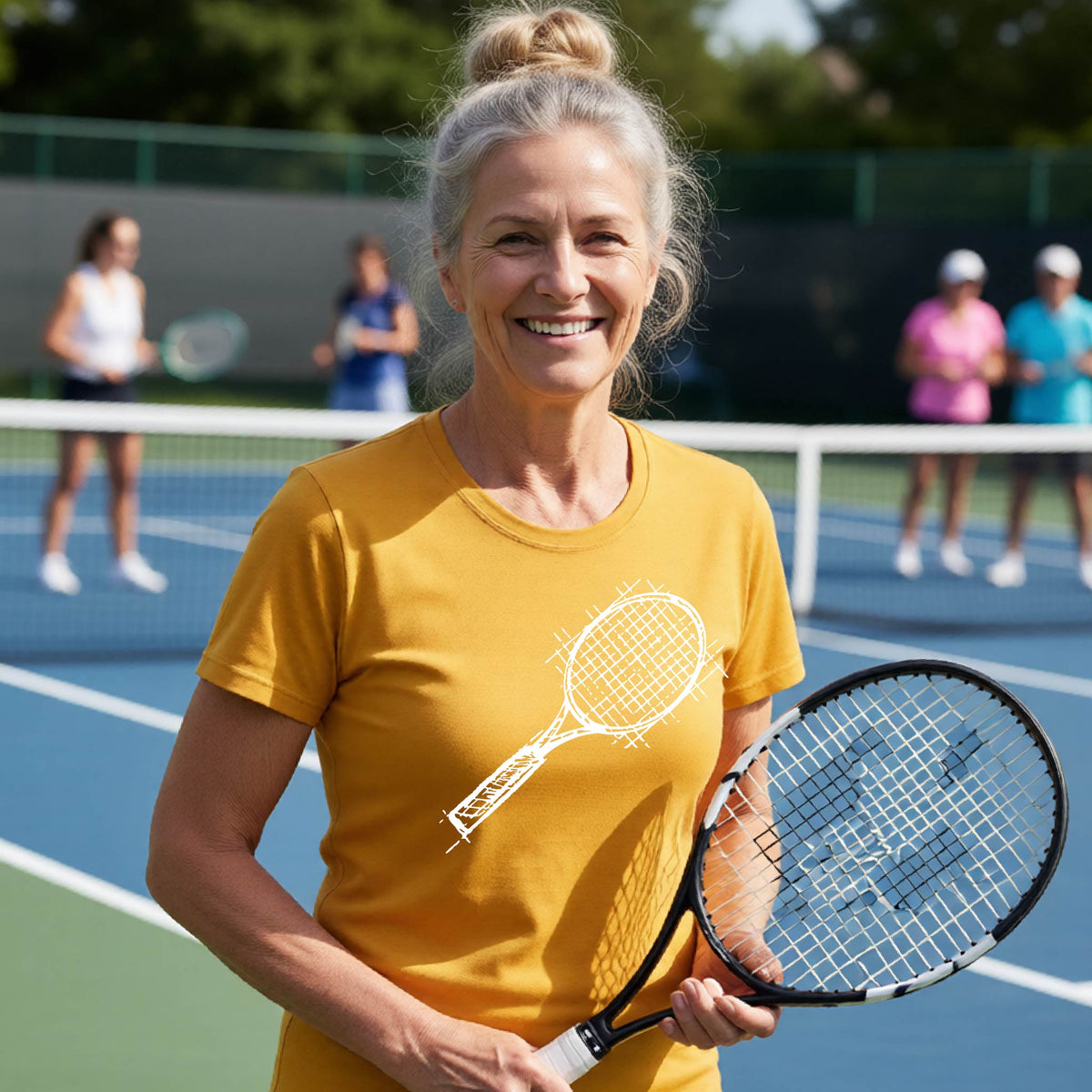 A woman on a blue tennis court holds a tennis racket and wears a gold short-sleeve T-shirt with a white retro tennis racquet graphic.  
