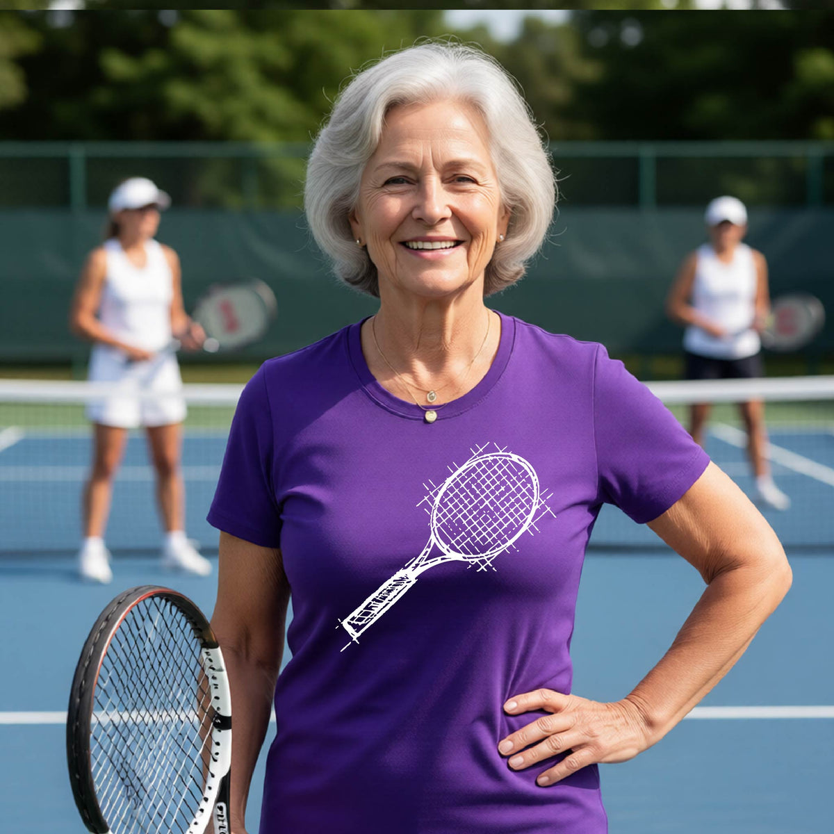 A woman on a blue tennis court holds a tennis racket and wears a purple short-sleeve T-shirt with a white retro tennis racquet graphic.  