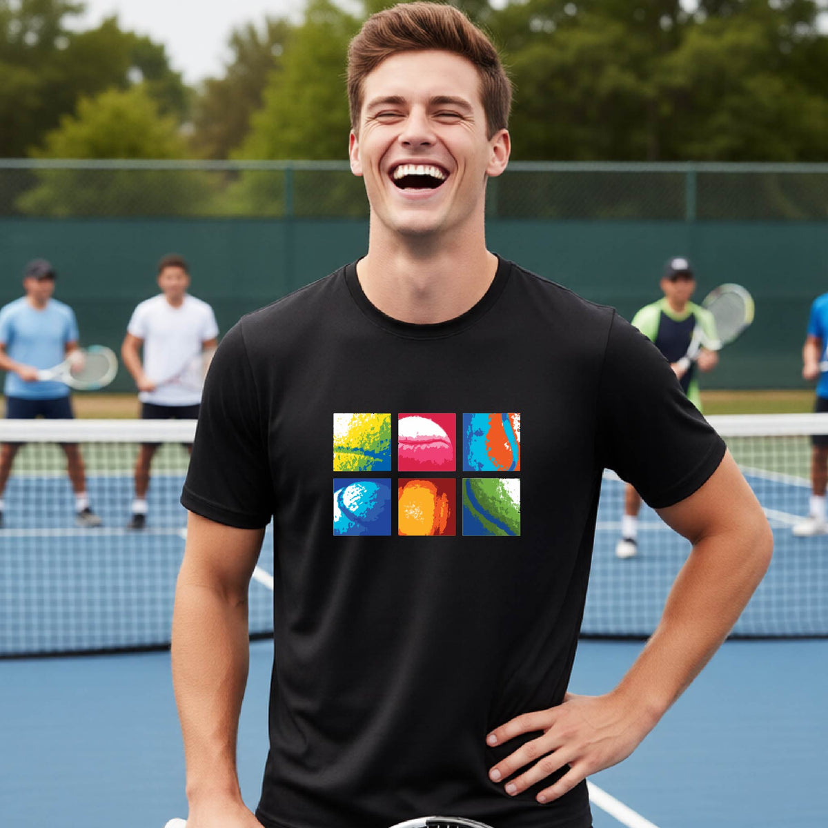 A smiling man on a blue tennis court holds a tennis racket and wears a black T-shirt with a colorful 2x3 grid graphic on the chest of tennis balls. Other tennis players are blurred in the background.